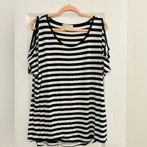 Michael Kors Navy and White Striped Short Sleeve Tee with Cut Out Shoulders
